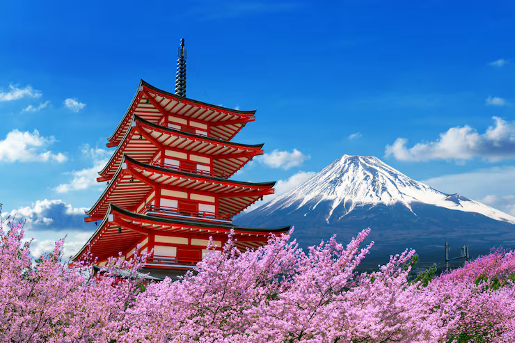Pagode Chureito diante do Monte Fuji com cerejeiras em flor